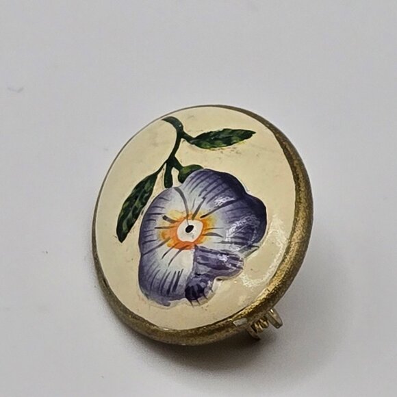 VTG Brooch Art Nouveau Oval Ceramic Hand Painted Floral Pin Jewelry Fairy Boho - Picture 4 of 10